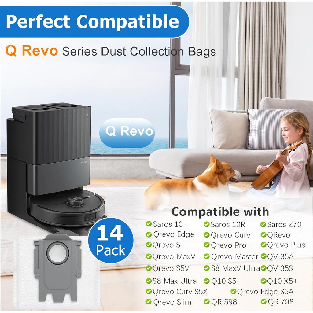 14 Pack Dust Bags Replacement for Roborock QV 35A/Qrevo S5V/QV35S/Saros 10/10R/Z70/Qrevo/Q Revo/S/Qr