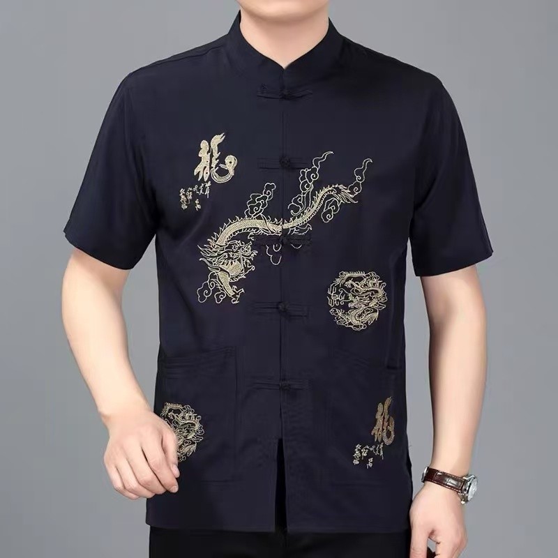 เสื้อเชิ้ตกระดุมสไตล์จีน มีไซส์ M-3XL สีน้ำเงินเข้ม เหมาะสำหรับทั้งชายและหญิง พร้อมส่ง