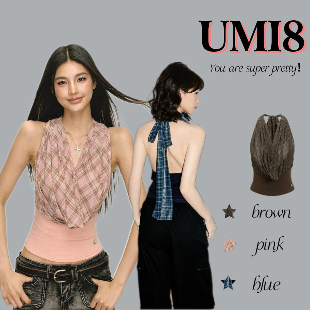 UMI8💝【ในสต็อก】💝เสื้อกั๊กแขนกุดคอวีลายสก็อตสไตล์อเมริกันสำหรับผู้หญิงในช่วงฤดูร้อน