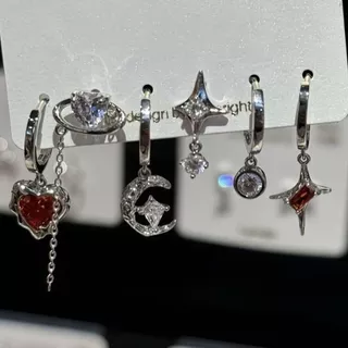ซื้อ 3 แถม 1 คู่ต่างหู Star Moon Heart Block Zirconia ต่างหูสตั๊ดชุดสําหรับผู้หญิง