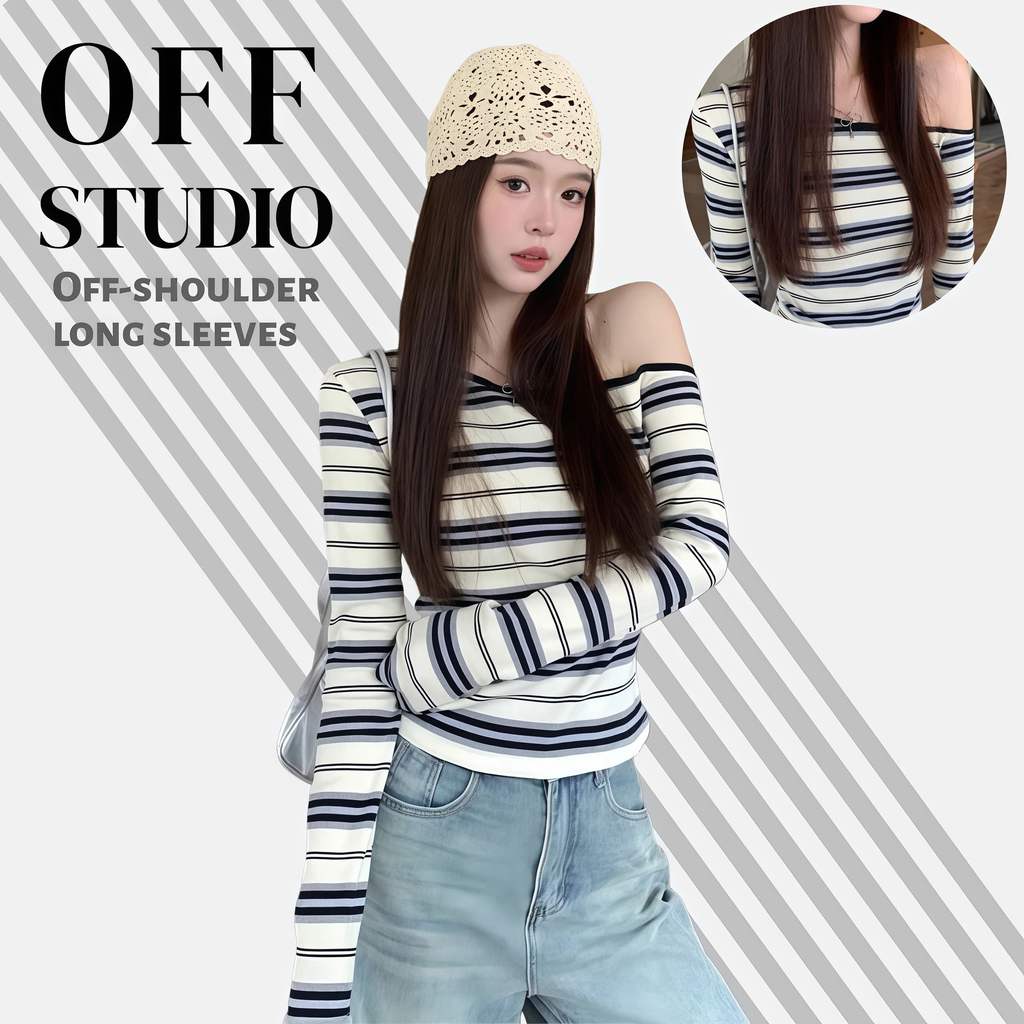 OFF SHOP 🥻ใหม่ 2025 เสื้อเปิดไหล่แขนยาว น่ารักมากๆ ลายทางสีครีมยืดใส่ง่าย เที่ยวทำงานสบาย' FY6950 สีดำ มีสินค้า