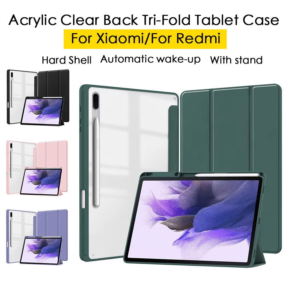 เคสแท็บเล็ตพับสามทบด้านหลังใสอะคริลิก For Xiaomi Pad 5 Pro 6 Pro 7 Pro 8Pro poco Pad เคสRedmi Pad SE Pro Pad 2 2025 11"