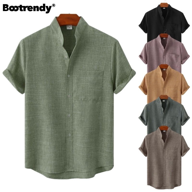 Bootrendy ผ้าฝ้ายระบายอากาศผ้าลินินเหมือนเสื้อสําหรับชายหลวม Fit Plus ขนาด Band Collar เสื้อ 丨Tropical ฤดูร้อน Streetwear