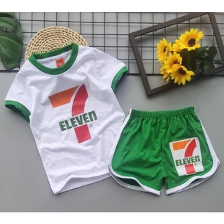 ฺฺB006 ชุดเซ็ตเด็ก ชุดนอนเด็ก งานสกรีน ลายโลโก้สินค้า เซเว่น 7-11 สีขาวเขียว เสื้อยืดแขนสั้น+กางเกงขาสั้น แฟชั่น ชุดเด็ก