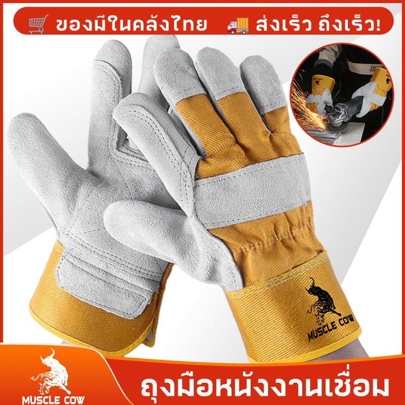 MUSCLE COW ถุงมือหนังงานเชื่อม 10.5" และ13" ทำจากหนังวัวชั้นที่ 2 ทั้งชิ้น เบาและสามารถระบายอากาศได้ดี ถุงมือเชื่อม