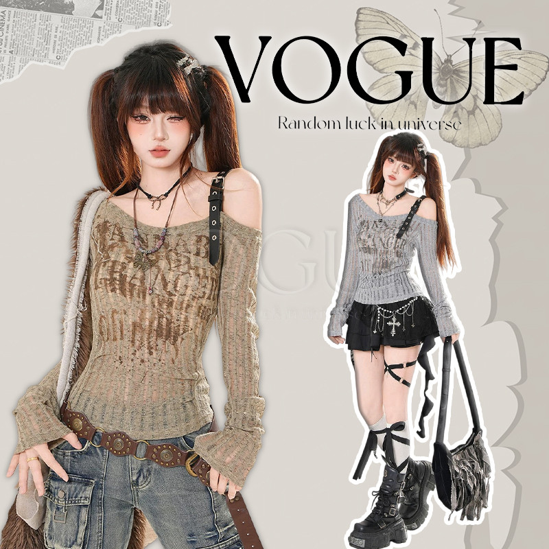Vogue🌟พร้อมส่ง🌟 เสื้อแขนยาว ดีเทลเปิดไหล่ ทรงรัดรูป ลายสกีน (FY542)