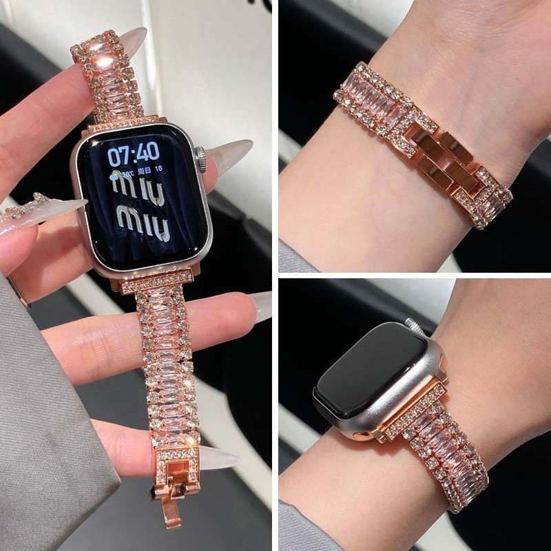 สร้อยข้อมือโลหะหมุดเพชรหรูหรา สําหรับ Apple Watch Ultra 2/S11/10/9/8/7/6/5/4/3/2/1/SE ขนาด 38-49 มม. สแตนเลส สมาร์ทนาฬิกา