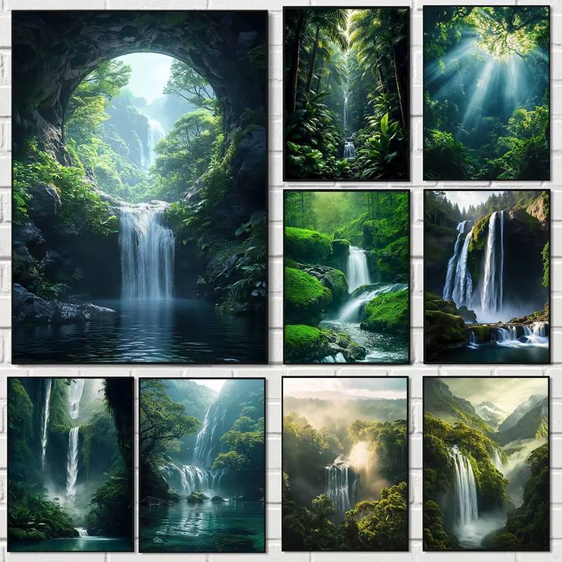ภูมิทัศน์ธรรมชาติ Spectacular น้ําตกผ้าใบภาพวาด Green Tree Forest โปสเตอร์ Wall Art พิมพ์ตกแต่งบ้าน Frameless ภาพวาด