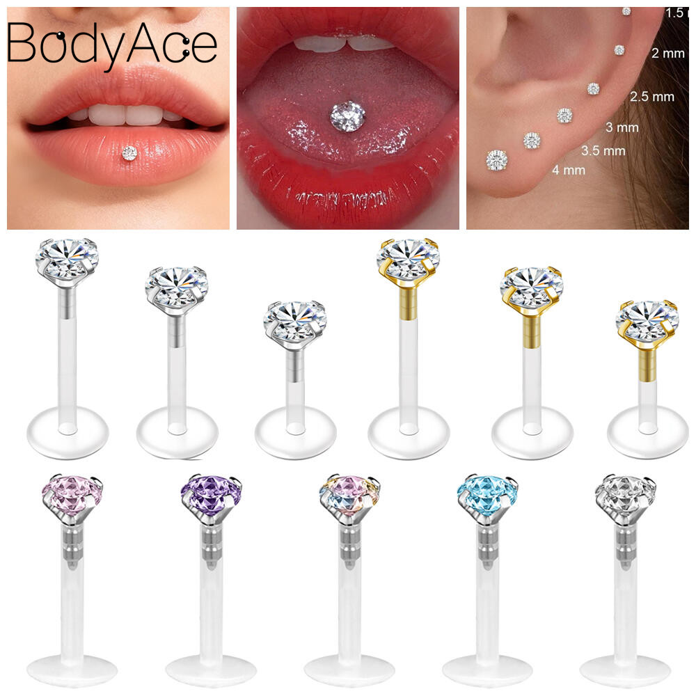 Bodyace ต่างหูสตั๊ดคริสตัลโปร่งใส สำหรับเจาะหูและปาก ขนาด 16G/18G