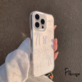 สำหรับ IPhone 13 17 16 Air 15 12 11 14 Pro Max XR X XS 7 8 14 15 6 Plus โรแมนติกสีชมพูโบว์ผูกปมผงซิลิโคนแวววาวฝาครอบใส