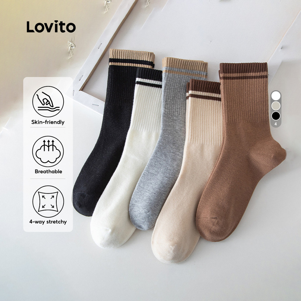 Lovito ถุงเท้าผ้าฝ้าย Cloud Cotton ยืดหยุ่น 4 ทิศทาง 5 คู่ สวมใส่สบาย ระบายอากาศได้ดี สำหรับผู้หญิง LNE117060