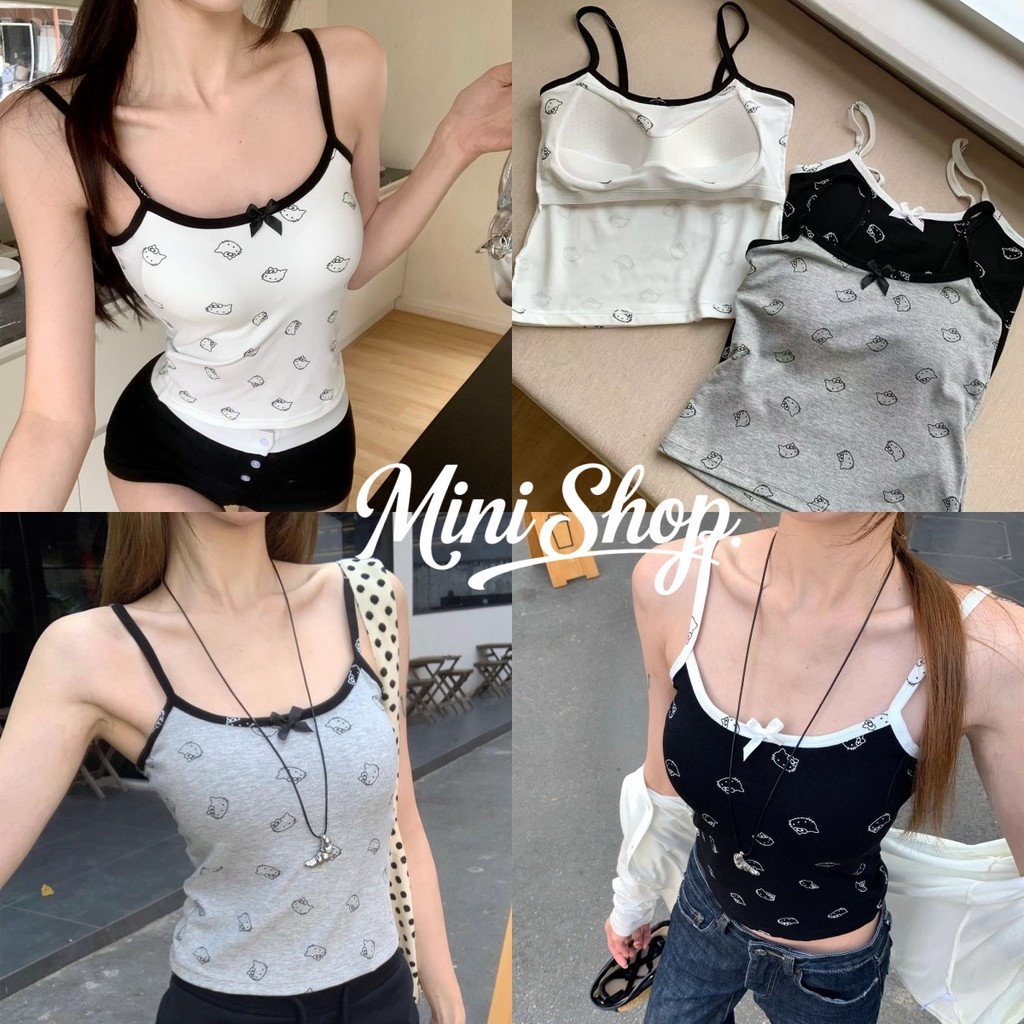Mini shop🌸พร้อมส่ง🌸( FY3702)  เสื้อสายเดี่ยว ลายน้อแมวสาว เสริมฟองน้ำ สีพื้น ยืดพอดี น่ารักและสวย