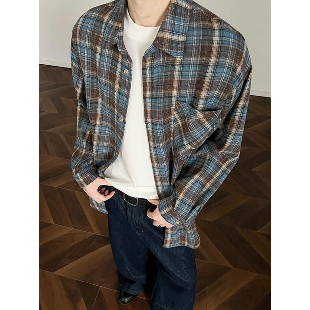 เสื้อโปโล gq เสื้อเชิ้ต เสื้อเชิ้ตลายสก็อตมัดย้อมสีฟ้าเสื้อเชิ้ตแขนยาวคอปกวินเทจสไตล์อเมริกัน cleanf