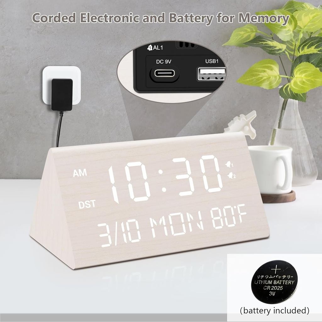 Kogonee Wooden Digital Alarm Clock, 0-100% Dimmer, 2 Alarm Settings, Weekday/Everyday Mode, 9 Mins S