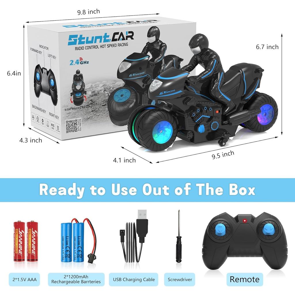 RC Motorcycle, Remote Control Motorcycle with RGB Wheels Lights - 360-degree Rotations, Drifts, High