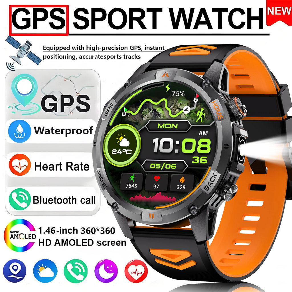 ใหม่ทหารตําแหน่ง GPS SmartWatch ผู้ชาย Run RIDE ฟิตเนสไฟฉาย LED เข็มทิศ Tracker 3ATM IP68 กันน้ํา BT call กีฬานาฬิกา