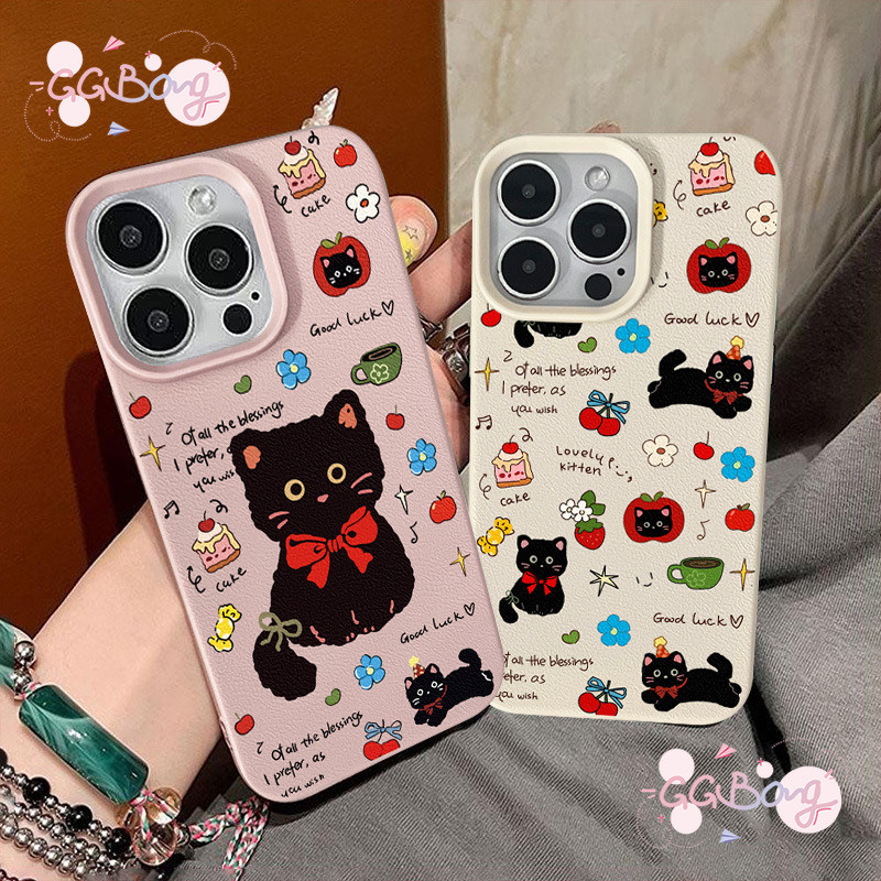 สำหรับ IPhone 17 air 13 16 15 11 XR 12 14Pro Max 7 15 8 Plus XS X Max เคสหนังลายแมวสีดำลายโบว์เชอร์รี่รูปดาวผลไม้ดอกไม้