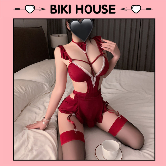 ชุดชั้นในสตรีพร้อมผ้ากันเปื้อน เข็มขัดรัด เข็มขัดรัด เซ็กซี่ เกรซฟูล เซ็ตคอสเพลย์แม่บ้าน พร้อมร่อง V