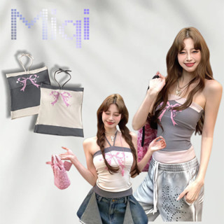 💖Miqi💖เสื้อเกาะอก คล้องคอ ปาดไหล่ ลายโบว์ เข้ารูป ผ้านิ่ม เส…