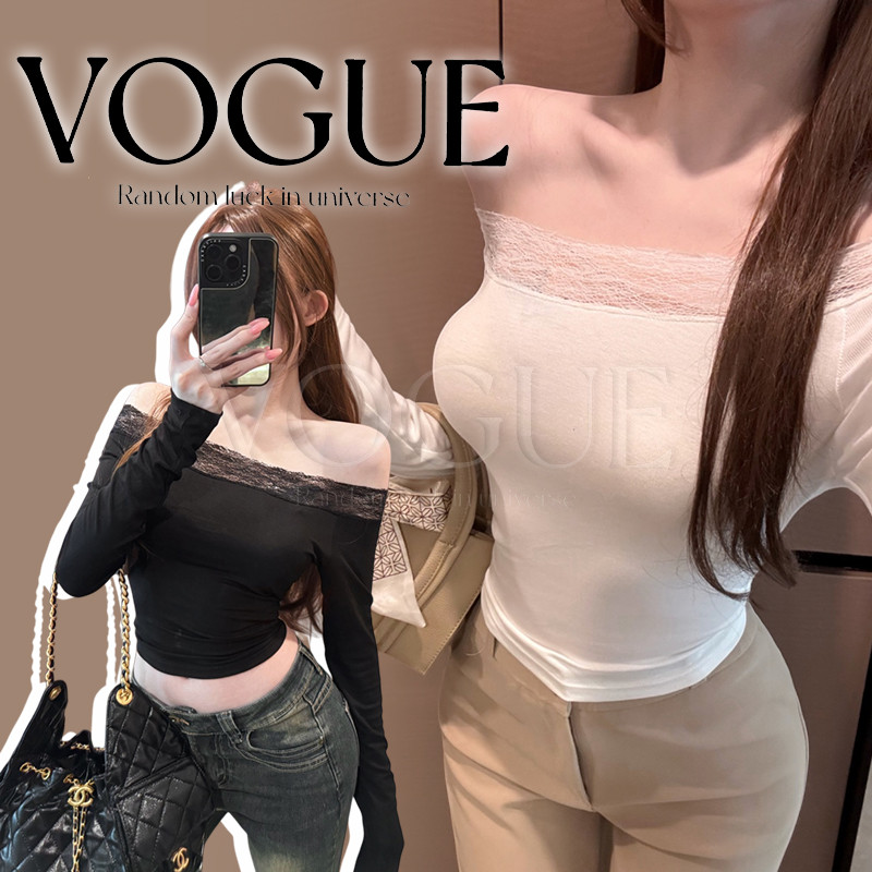 Vogue🌟พร้อมส่ง🌟 เสื้อแขนยาวเปิดไหล่ สีพื้นขาวดำผ้าร่องเล็ก สไตล์เกาหลี (FY8719)