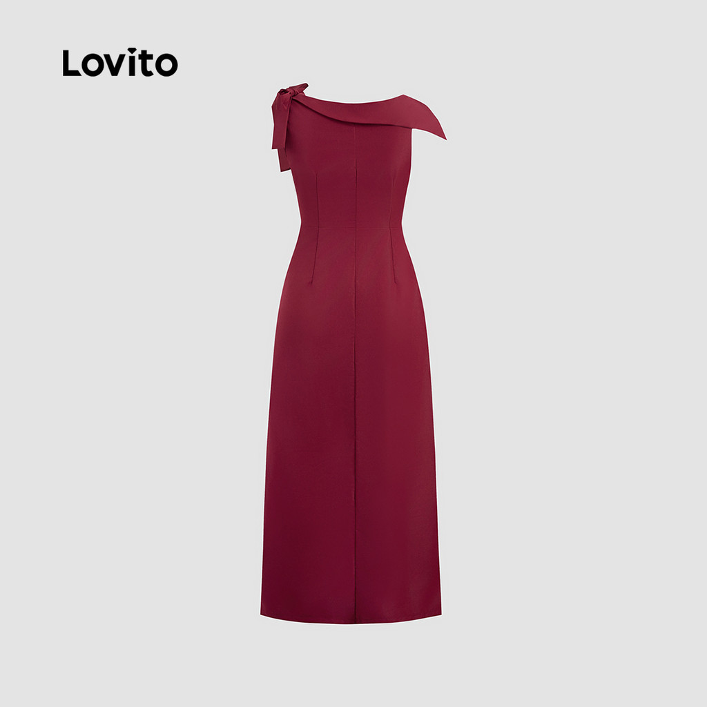 Lovito ชุดเดรสผู้หญิงผ้าพลีทหรูหรา ทรงอสมมาตร สีแครอท สําหรับฤดูร้อน L158ED1072 - รูปที่ 3