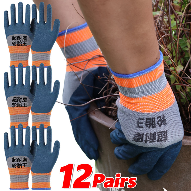3/6/12 คู่สวมทนยางถุงมือป้องกันแรงงาน-ถุงมือไนลอนกันลื่นระบายอากาศสําหรับการก่อสร้างและซ่อมรถยนต์