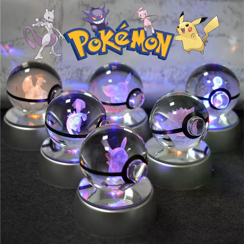 Pokemon Crystal Ball 3D Pikachu Gengar Mewtwo Night Light โคมไฟ Pokeball 3D แก้ว Pokemon Crystal Ball รูปปั้นของขวัญวันเกิดเด็ก