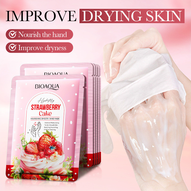 ภาษาอังกฤษทั้งหมด BIOAOUA เค้กสตรอเบอร์รี่ Nourishing Tender Smooth Hand Mask มาส์กมือตามฤดูกาล 11.9