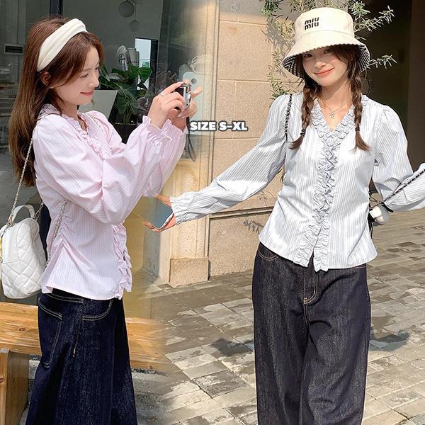 mimi&didi#เสื้อเชิ้ตแขนยาวสีชมพู เสื้อตัวบนไซส์ใหญ่ คอวี ลายทาง ฤดูใบไม้ร่วงสำหรับผู้หญิง แต่งระบาย หวานและน่ารัก#99257