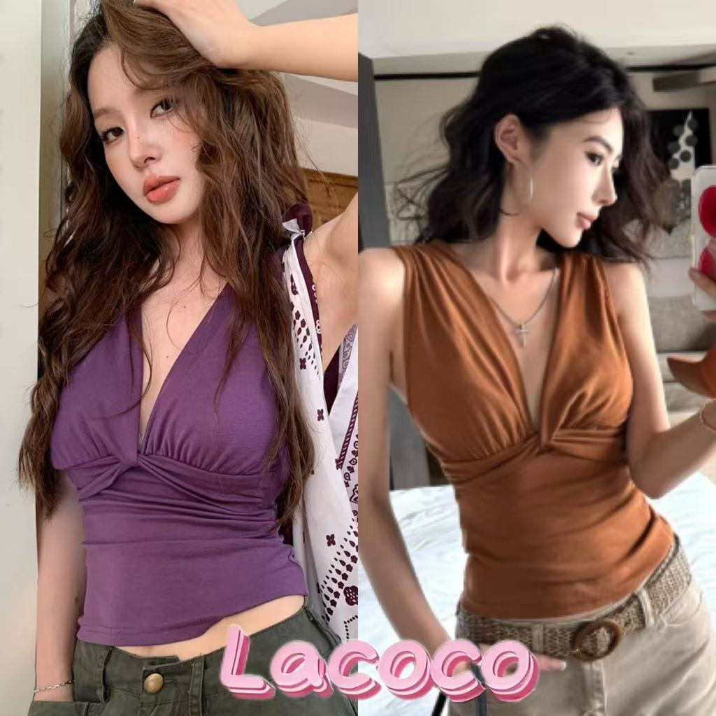 Lacoco🍓คลังสินค้าพร้อม🍓2026 ใหม่ล่าสุดสำหรับฤดูร้อน: เสื้อกั๊กทรงเข้ารูป คอวีลึก ผูกโบว์ติดกระดุม สำหรับผู้หญิง