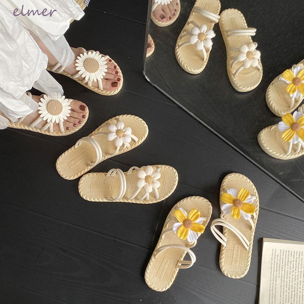 ELMER Daisy Flip Flops รองเท้าสไลด์ PVC ต้านการลื่น เหมาะสำหรับวันพักผ่อนบนชายหาดในสไตล์โบฮีเมียน
