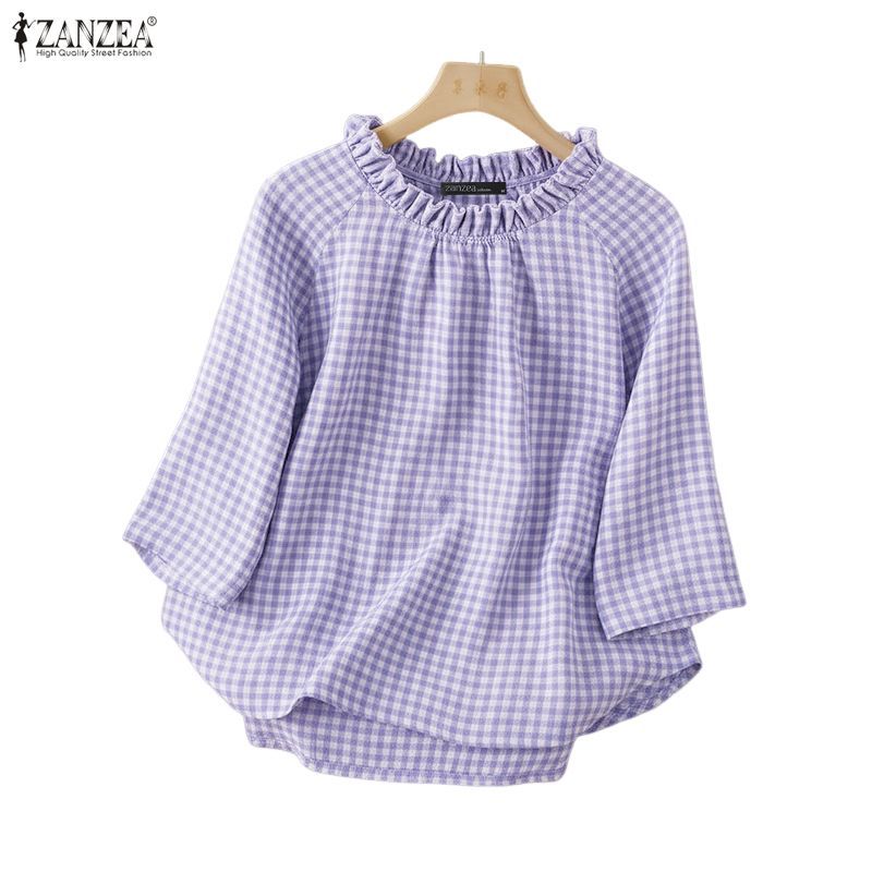 ZANZEA ซานเซีย เสื้อลายสก๊อตแขนยาวแบบหลวม ดีไซน์เกาหลี กระหันคอด้านชัดเจน สำหรับผู้หญิง