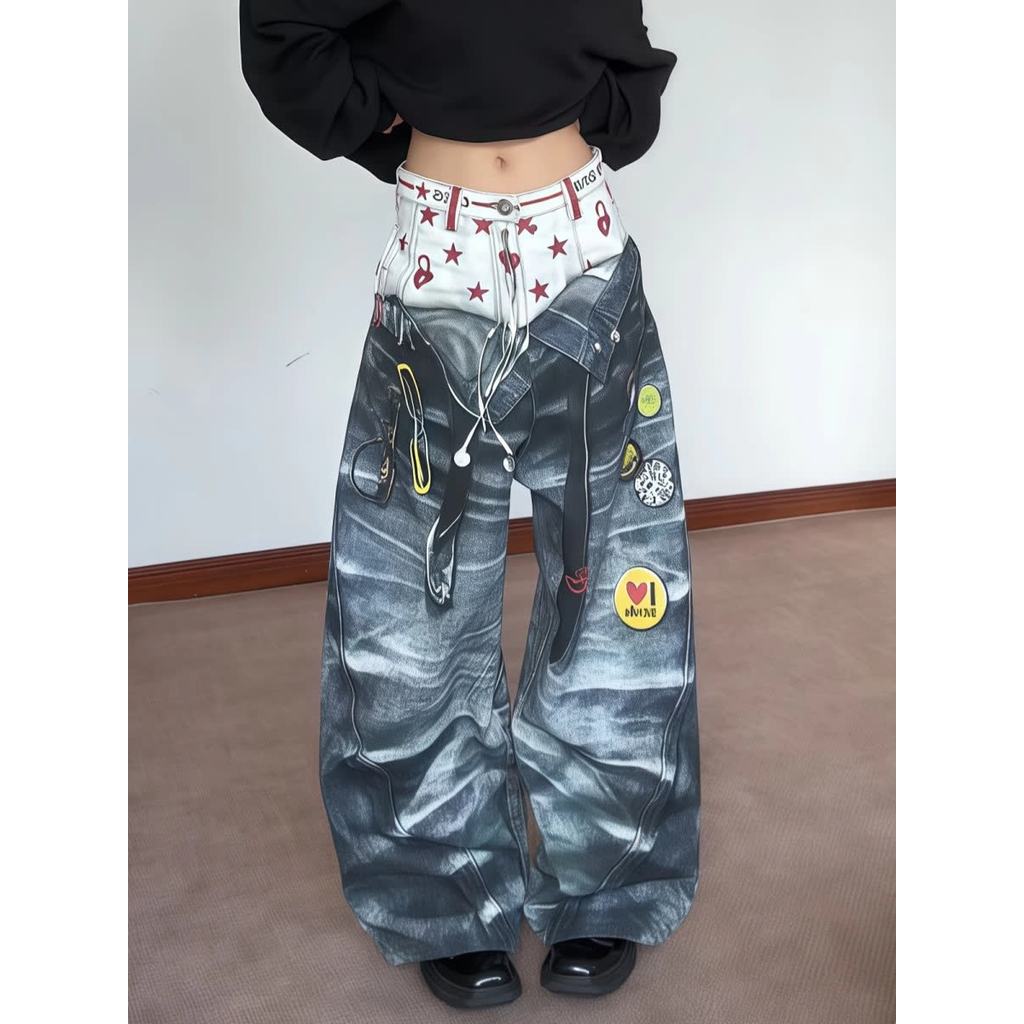 กางเกงยีนส์ผู้ชาย พิมพ์ลายกราฟฟิตี้ สไตล์สตรีท อเมริกัน สำหรับทุกคน - รูปที่ 4