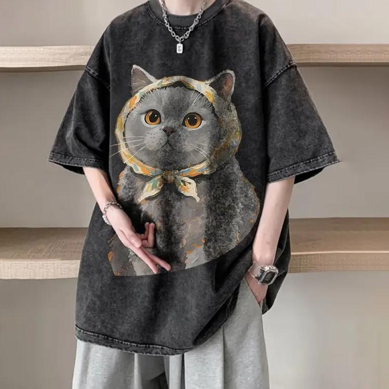Sea.Tee [COD] เสื้อยืด oversize cotton100% เสื้อแฟชั่น คอกลม แขนสั้น พิมพ์ลาย 'Headscarf cat' สไตล์ลำลอง ใส่สบาย