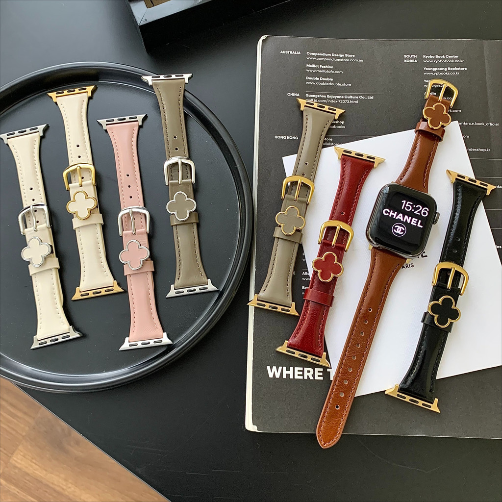 สายหนังสําหรับ ฉันดู ชุด iWatch Series Ultra 11 10 9 8 7 6 SE 5 4 3 2 คุณภาพสูง โคลเวอร์ สายรัดข้อมือ iwatch 49 มม.46 มม.44 มม.45 มม.42 มม.40 มม.41 มม.38 มม.