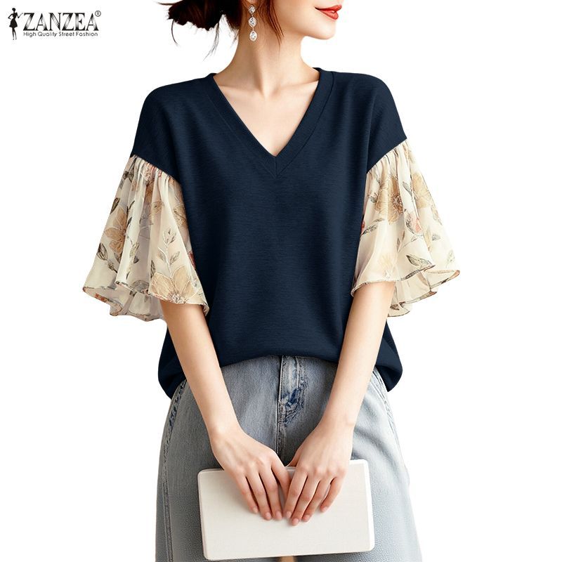 ZANZEA เสื้อผ้าสไตล์เกาหลีสำหรับผู้หญิง แบบ Elegant V-neck พร้อมระบายและแขนพิมพ์ลายดอกไม้ เพิ่มความโดดเด่นด้วย pleats และลวดลายตัดกัน
