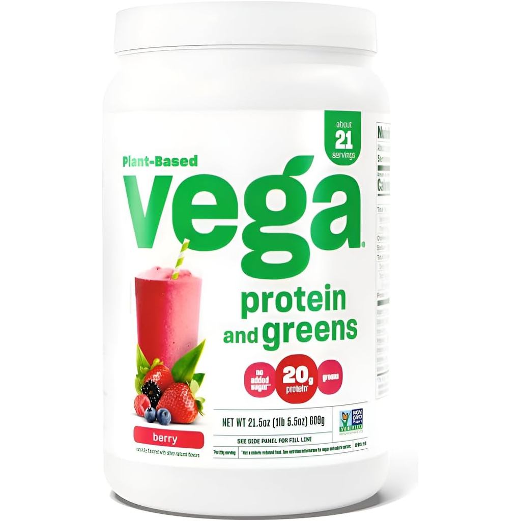 Vega Protein and Greens Protein Powder, Berry - 20g Plant Based Protein Plus Veggies, Vegan, Non GMO