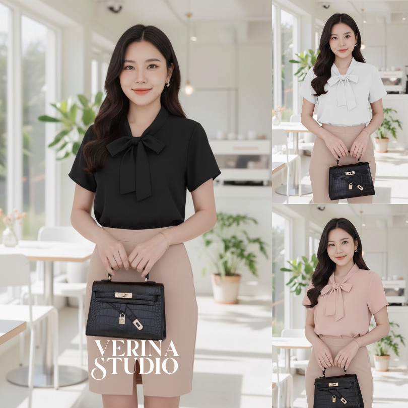 B07 เสื้อทำงานแขนสั้นสโลปไหล่ คอโบว์สั้น เสื้อสีดำ อก32-44" พร้อมส่ง ใส่ทำงานใส่ทางการ ใส่ออกงาน
