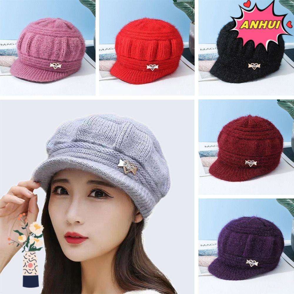 ANHUITYJ หมวกผ้ากํามะหยี่ หมวกไหมพรมถักกันลม สีทึบ