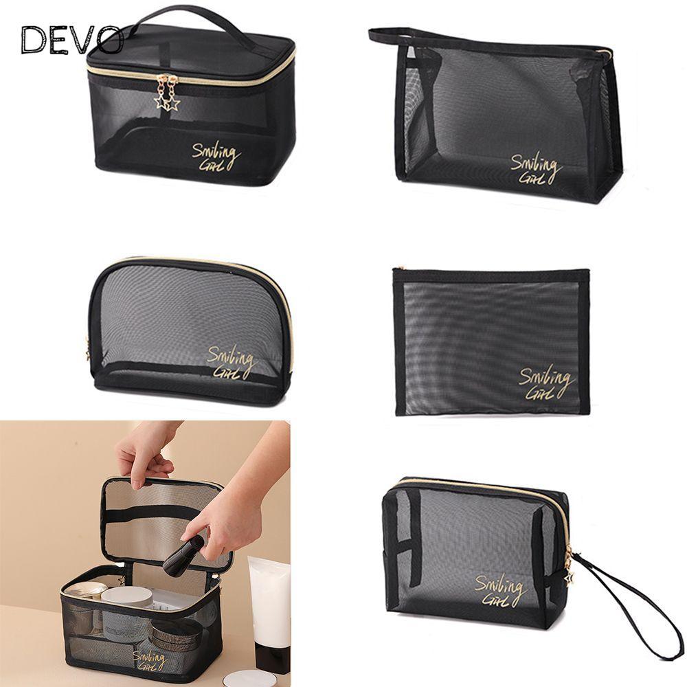 DEVO 1/5 ชิ้นแต่งหน้ากระเป๋าสีดําแบบพกพาโปร่งใสผู้ถือแป้ง