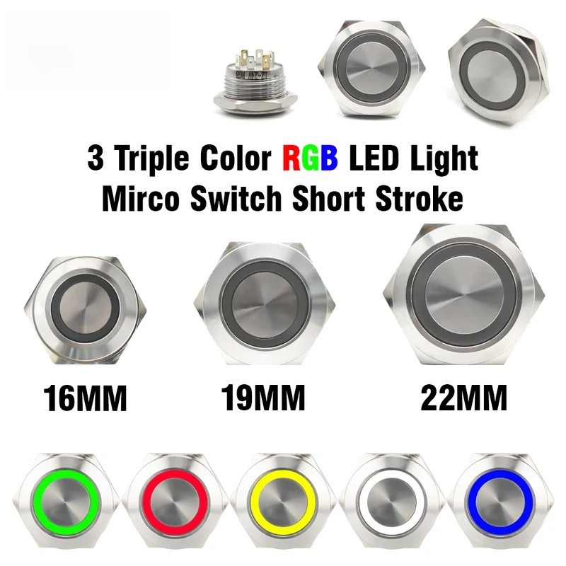 16/19/22 มม.3 Triple สี RGB ไฟ LED Mirco สวิทช์สั้นจังหวะ Momentary Self-reset กันน้ําโลหะ Push ปุ่มสวิทช์ Power