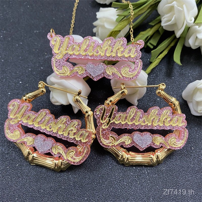 ชุดเครื่องประดับสร้อยคอกับต่างหูอะคริลิกและไม้ไผ่ วงกลมขนาดใหญ่ สไตล์โอ่อ่า STK5