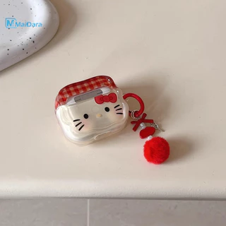 กระเป๋าหูฟัง Hello Kitty AirPods4/3/2/1 ลายตารางสีแดง โบว์AirPodsPro2 ซิลิโคนป้องกันการตกหล่น เคสหูฟังบลูทูธ เหมาะสำหรับ