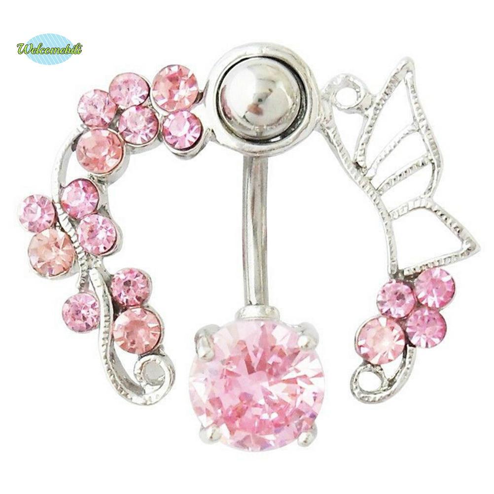 แหวนหน้าท้องสีชมพูประดับลวดลายผีเสื้อกับดอกไม้ ขนาด 14G