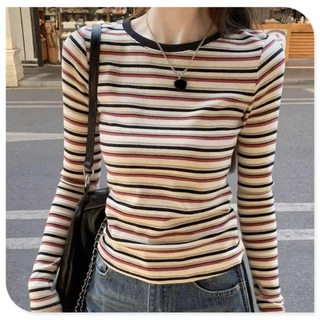 FASHION.61 เสื้อยืดเเขนยาว ลายทาง เนื้อผ้าดีผ้ายืด ขนาด S-2XL อก 32-40 นิ้ว รุ่น W7807