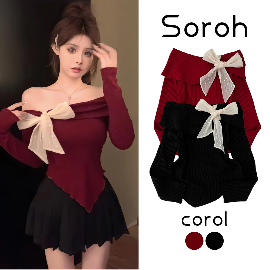Soroh เสื้อยืด ไหมพรม ปาดไหล่ สีพิ้นดำแดง ดีเทลแต่งโบว์ เข้ารูป ผ้านิ่ม สไตล์เกาหลี น่ารัก#8K116