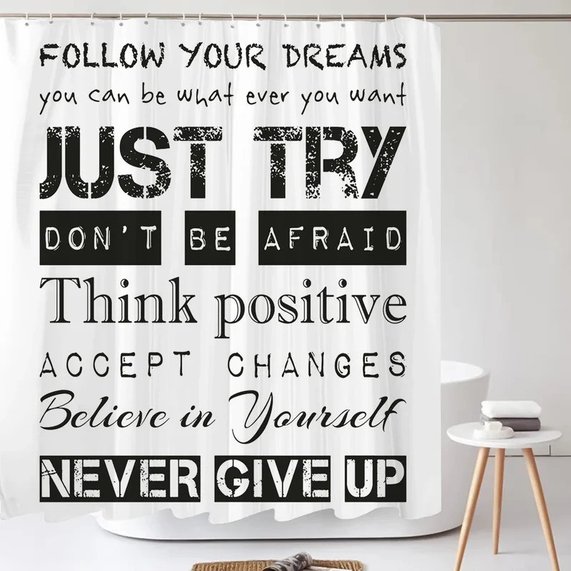 Black White Art Word Shower Curtain Fabric Waterproof Polyester Fabric Modern Simple Style Bathtub B