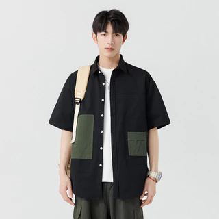 M-3XL เสื้อเชิ้ตแขนสั้นทรงเรียบง่าย คอเสื้อสีบล็อกทันสมัย ​​ทรงหลวม เสื้อคาร์ดิแกนอเนกประสงค์สำหรับผู้ชาย