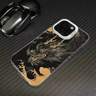 เคสโทรศัพท์ปุ่มโลหะรูปมังกรสีเหลืองทอง ไอโฟน11 For iPhone11 12 13 14 15 16 17 Pro MAX X XS XR XSMAX 7 8Plus เคสโทรศัพท์