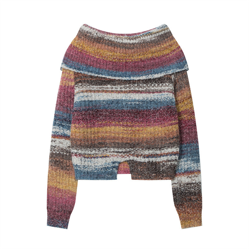 HeyHenry Rainbow American Retro Hot Girl คอแบนรั่วไหล่เสื้อกันหนาวผู้หญิงสั้น Slim-fit เสื้อกันหนาว 